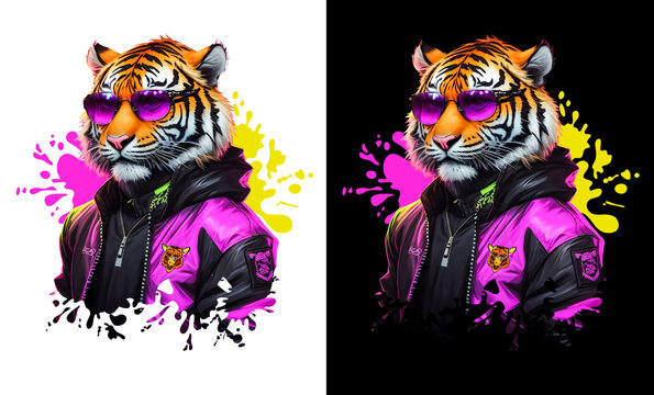 Tiger Wearing A Pink Neon Cyberpunk Jacket And Glasses, Isolated, Splatters Un Background, Beautiful Modern Slogan T-shirt Design For Print And DTF, PNG