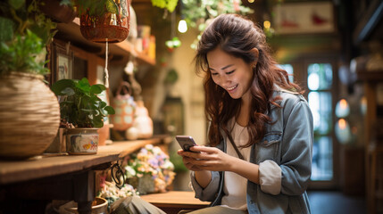 young smiling asian woman looking at her phone