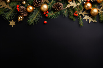 Christmas Border with Fir Branches and Decoration Ornaments Elements Background - Created with Generative AI Tools