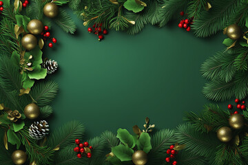 Fototapeta na wymiar Christmas Border with Fir Branches and Decoration Ornaments Elements Background - Created with Generative AI Tools