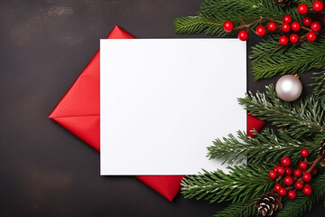 Fototapeta na wymiar Christmas Letter Envelope with Blank Paper Card, White Gift Box, Fir Branches, Decorated Balls on Dark Background - Created with Generative AI Tools