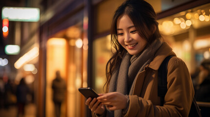 young smiling asian woman looking at her phone
