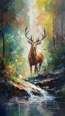 Oil painting abstract bright reflections stag stag print wallpaper image AI generated art