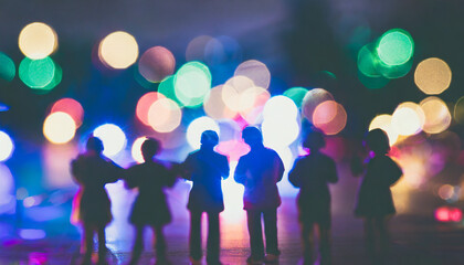 A group of people standing at Christmas party backlit with selective blur
