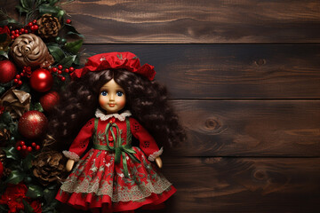 Fototapeta na wymiar Doll on Christmas Wooden Background - Created with Generative AI Tools