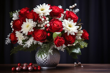 Festive Winter Flower Arrangement with Red Roses, White Chrysanthemum, and Berries in Vase on Table - Created with Generative AI Tools