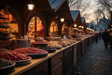 Gordijnen A bustling holiday market with stalls selling handmade crafts and seasonal goodies. Concept of Christmas markets. Generative Ai. © Sebastian