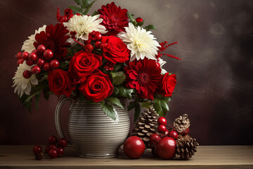 Obraz na płótnie Canvas Festive Winter Flower Arrangement with Red Roses, White Chrysanthemum, and Berries in Vase on Table - Created with Generative AI Tools
