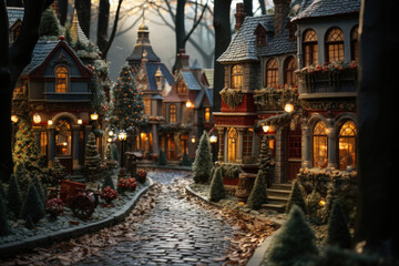 Obraz premium A stunning Christmas village display with miniature houses and figurines, evoking a sense of nostalgia. Generative Ai.