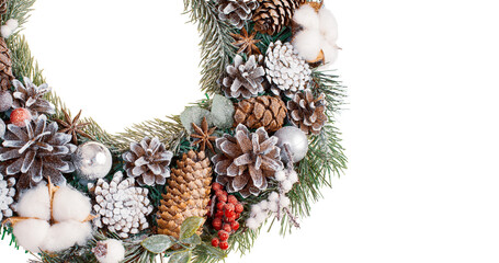 wreath garland New Year's fir branch with toys decorations, festive Christmas decoration, isolated on white background