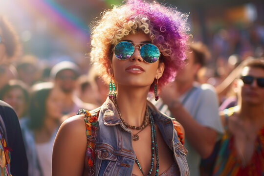 Photo Of A Beautiful Woman With Dyed Hair And Sunglasses At Pride March On LGBTQIA+ Celebration.