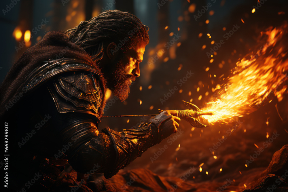 Poster a skilled archer drawing a bowstring and releasing an arrow with precision and focus. concept of acc