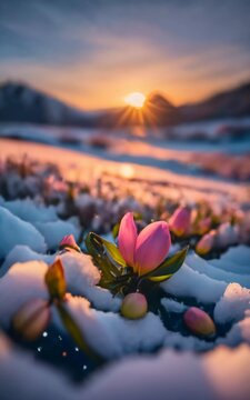 Fototapeta nature's spring awakening. the first flowers come out from under the snow and enjoy the sunshine