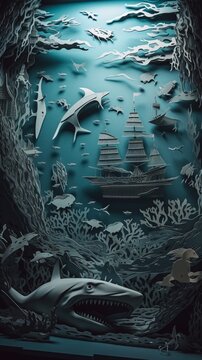 Paper cutout style sea battleships giant sharks illustration picture AI generated art