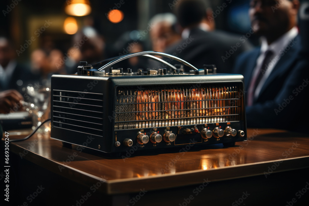 Aufkleber a radio broadcaster hosting a live talk show, engaging with the audience and discussing important is