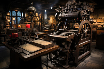 An old printing press in a historic newspaper museum, illustrating the evolution of journalism. Generative Ai.