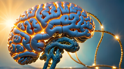 A ilustração  mostra um cérebro humano conectado a uma rede neural artificial 