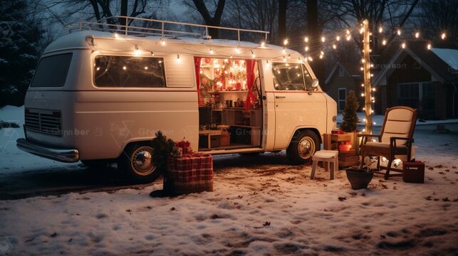 Decorating old school white passenger van with Christmas lights. generative ai