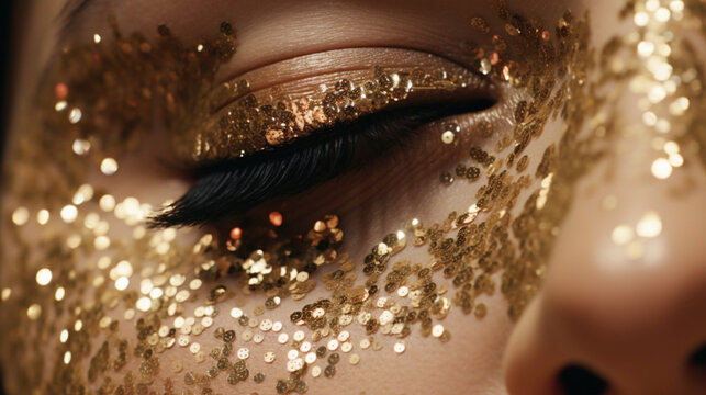 Visage féminin avec paillettes dorées sur les yeux, les paupières. Cils, oeil, beauté, femme. Pour conception et création graphique.