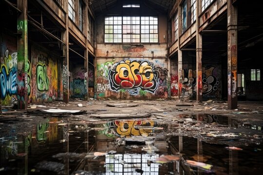 Abandoned warehouse with broken windows and graffiti