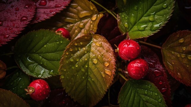 Professional pattern raspberry fruit green leaf illustration imgae AI generated art