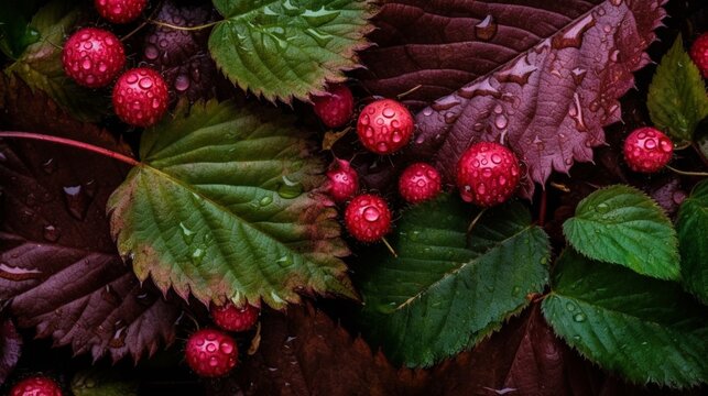 Professional pattern raspberry fruit green leaf illustration imgae AI generated art
