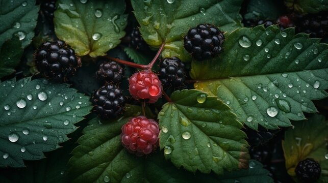 Professional pattern raspberry fruit green leaf illustration imgae AI generated art