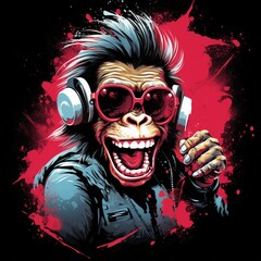 Naklejka na ściany i meble Punk smiling dancing t shirt cartoon monkey illustration picture AI generated art