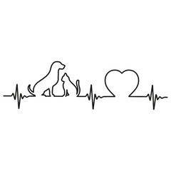 Line illustration of the pulse with dog and cat on white background with heart.