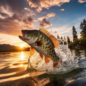 Realistic bass leaping lake drawing bass fishing illustration picture AI generated art