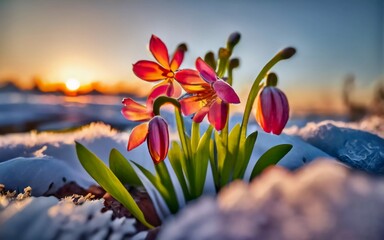 nature's spring awakening. the first flowers come out from under the snow and enjoy the sunshine - obrazy, fototapety, plakaty