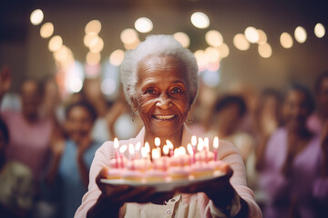 Afro-American elderly woman holding a birthday cake with lots of candles, celebrating a birthday in a retirement village, cheerful crowd in a background out of focus