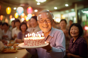 Asian elderly man holding a birthday cake with lots of candles, celebrating a birthday in a retirement village, cheerful crowd in a background out of focus