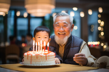 Asian grandfather with his grandson holding a birthday cake with candles, celebrating a birthday in a retirement village, cheerful crowd in a background out of focus - obrazy, fototapety, plakaty