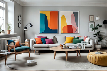 A Scandinavian style large flat living room with two big colorful artwork