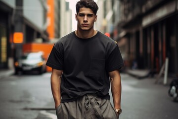 Latin male model in contemporary streetwear.