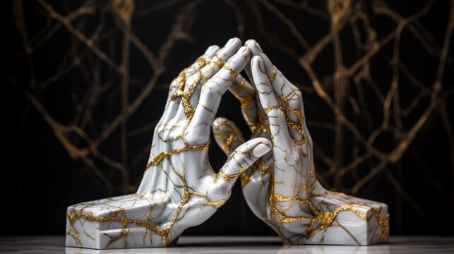 Sculpted kintsugi hands praying detailed nikon photo Ai generated art