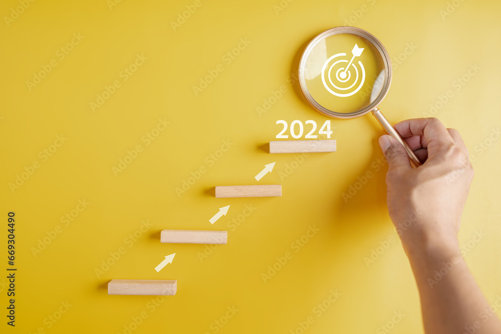 Poster Starting New year with ambition 2024 and countdown merry christmas and happy new year, Planning and challenge strategy in new year 2024 Concept.