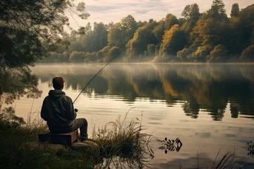 Fotobehang Young man enjoying a quiet moment fishing by a lake © furyon