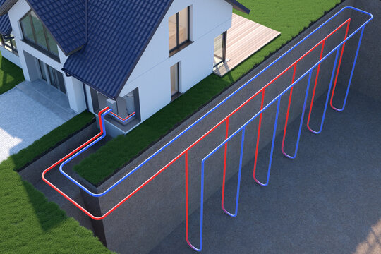 Heat Pump, vertical ground source, 3d illustration	