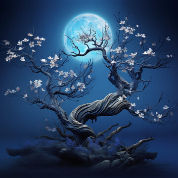 an all blue picture imagination of one big weighted chinese textured tree bwith branches with no leafs