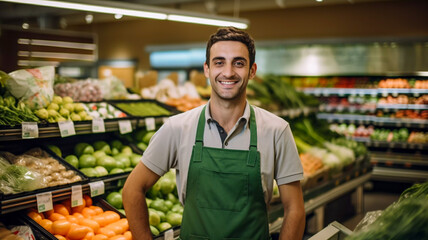 Portrait of an attractive smiling young man greengrocer standing in a vegetable and fruit risle retailer selective focus