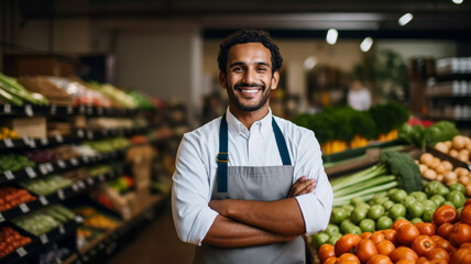 Portrait of an attractive smiling young man supermarket worker standing in a vegetable and fruit risle retailer selective focus - obrazy, fototapety, plakaty