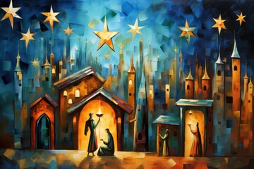 Christmas art gallery exhibiting abstract interpretations of the nativity.