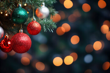 Close up of glittered Xmas baubles hanging from a Christmas tree blured Christmas lights in the background festive Christmas and new year greeting card image