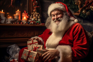 Father Christmas sitting by the fireplace sorting out the presents festive Santa Christmas and new year background image