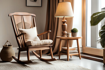 Wooden rocking chair with a beige rocking cushion and coffee table. Simple american style interior.