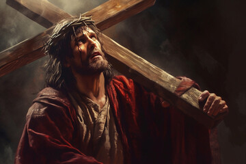 Jesus Christ carries his cross to Golgotha. Bible. Faith. Torment and suffering. Giving his life for our sins. The hard way. Christian symbol of faith. Calvary. God. - obrazy, fototapety, plakaty