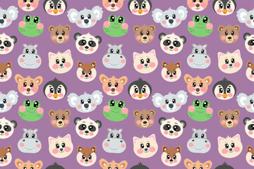 Seamless pattern with kawaii cute head, face animals for kids