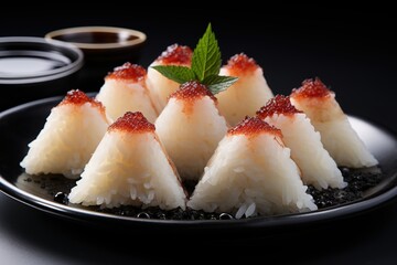 Japanese sushi with caviar and soy sauce on a black background.